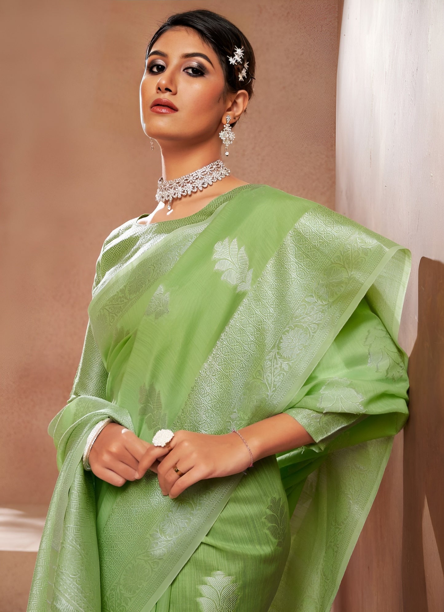EKKTARA Saree For Women Pista Green Silk Saree With Silver Zari Weaving