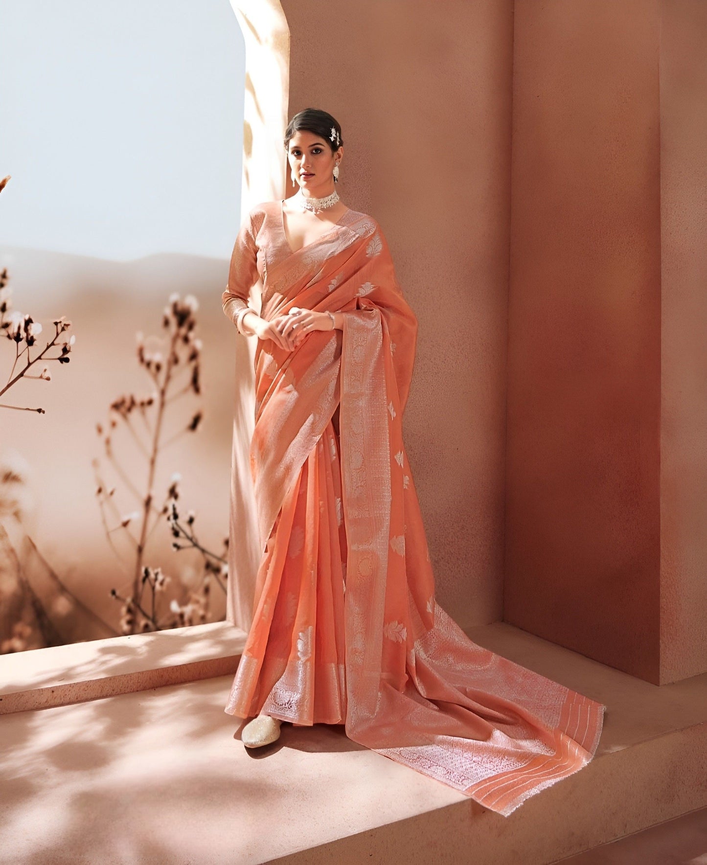 EKKTARA Saree For Women Peach Colour Silk Saree With Silver Zari Weaving