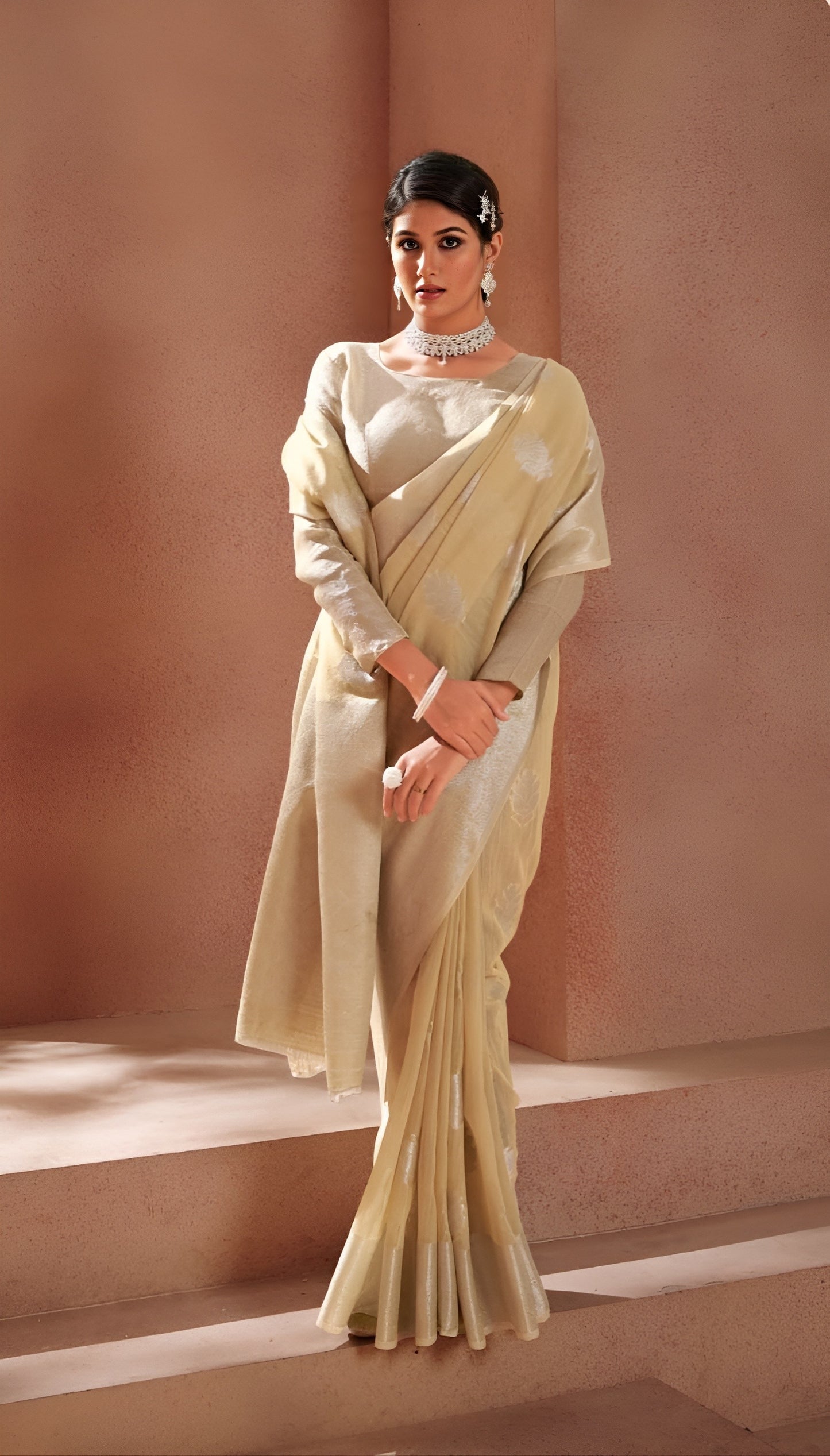 EKKTARA Saree For Women Creamy Golden Silk Saree With Silver Zari Weaving
