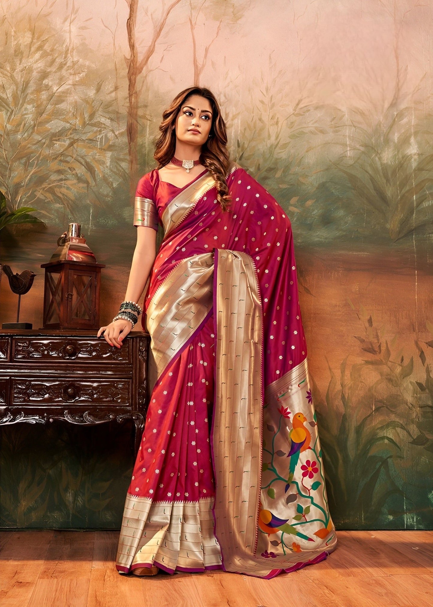 EKKTARA Saree For Women Rose Red Colour Silk Zari Border Paithani Saree With Unstitched Blouse