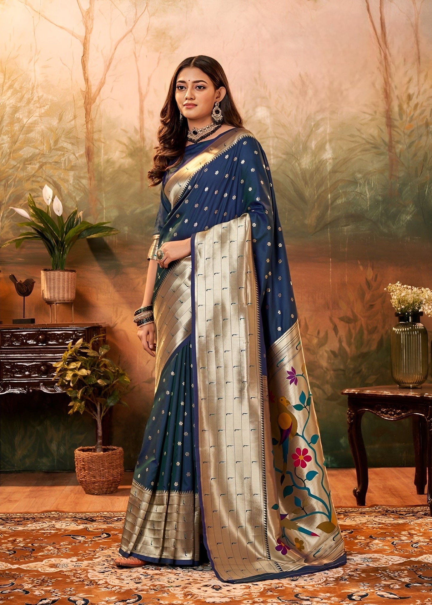 EKKTARA Saree For Women Navy Blue Colour Silk Zari Border Paithani  Saree With Unstitched Blouse