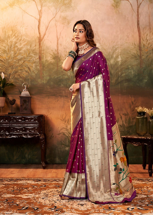 EKKTARA Saree For Women Purple Colour Silk Zari Border Paithani  Saree With Unstitched Blouse