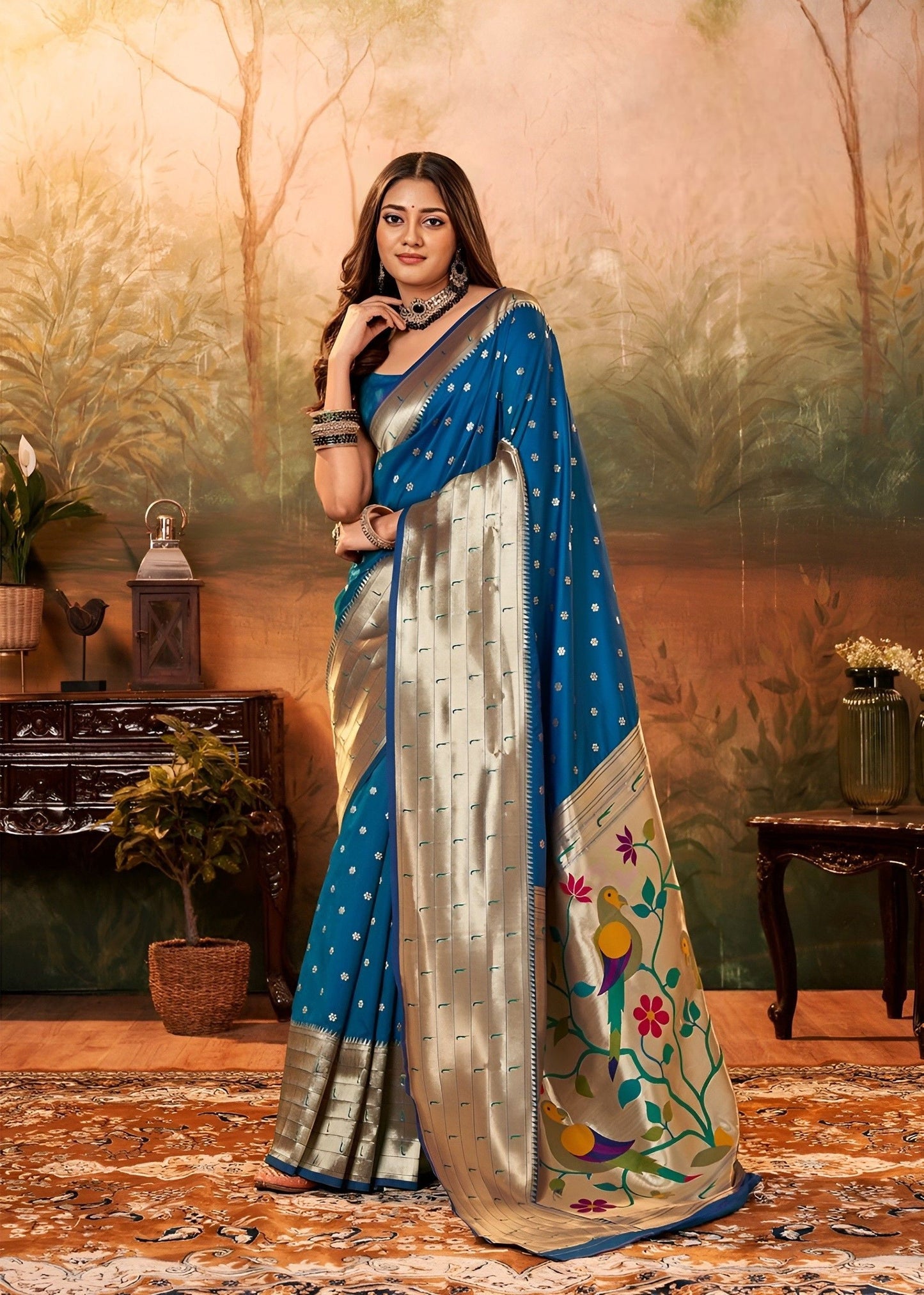 EKKTARA Saree For Women Cobalt Blue Colour Silk Zari Border Paithani Saree With Unstitched Blouse