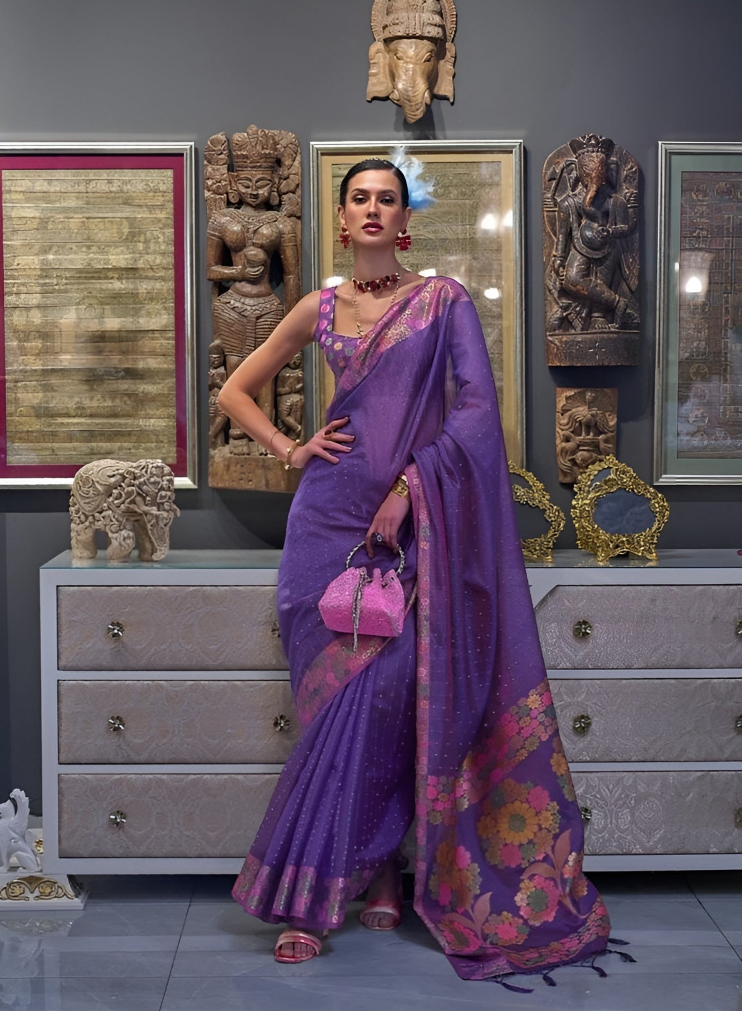 EKKTARA Saree For Women Two Tone Organza Purple Colour Handloom Weaving Silk Saree With Unstitched Blouse