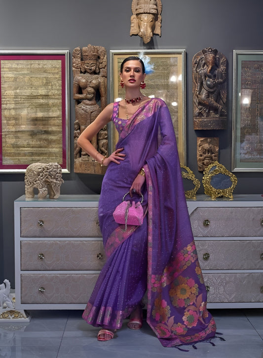 EKKTARA Saree For Women Two Tone Organza Purple Colour Handloom Weaving Silk Saree With Unstitched Blouse