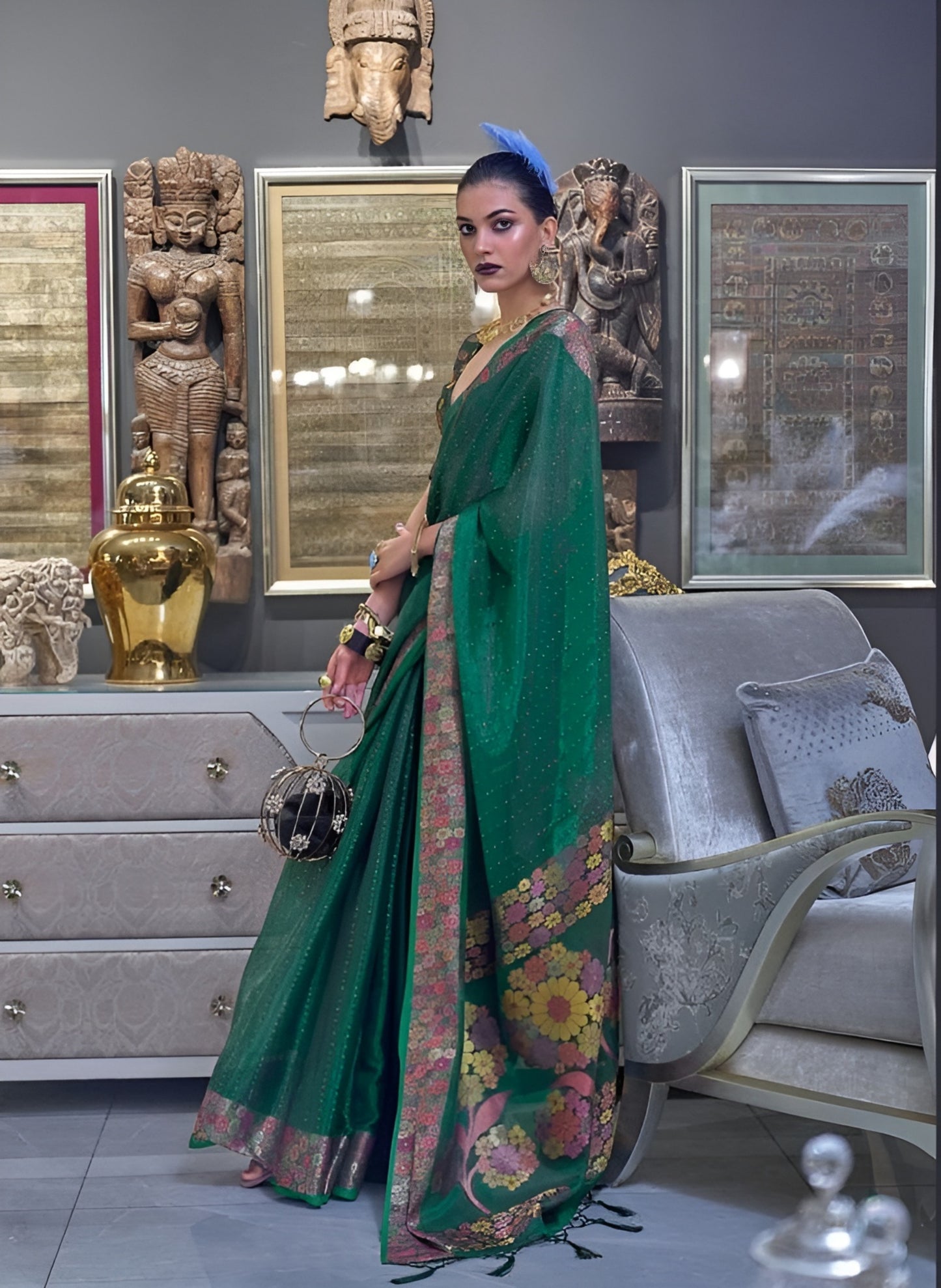 EKKTARA Saree For Women Two Tone Organza Marine Emerald Green Colour Handloom Weaving Silk Saree With Unstitched Blouse