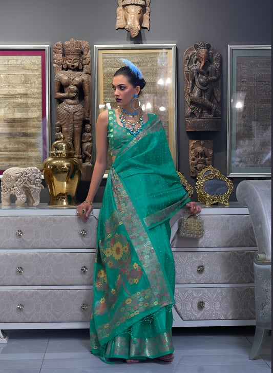 EKKTARA Saree For Women Two Tone Organza Marine Sea Green Colour Handloom Weaving Silk Saree With Unstitched Blouse