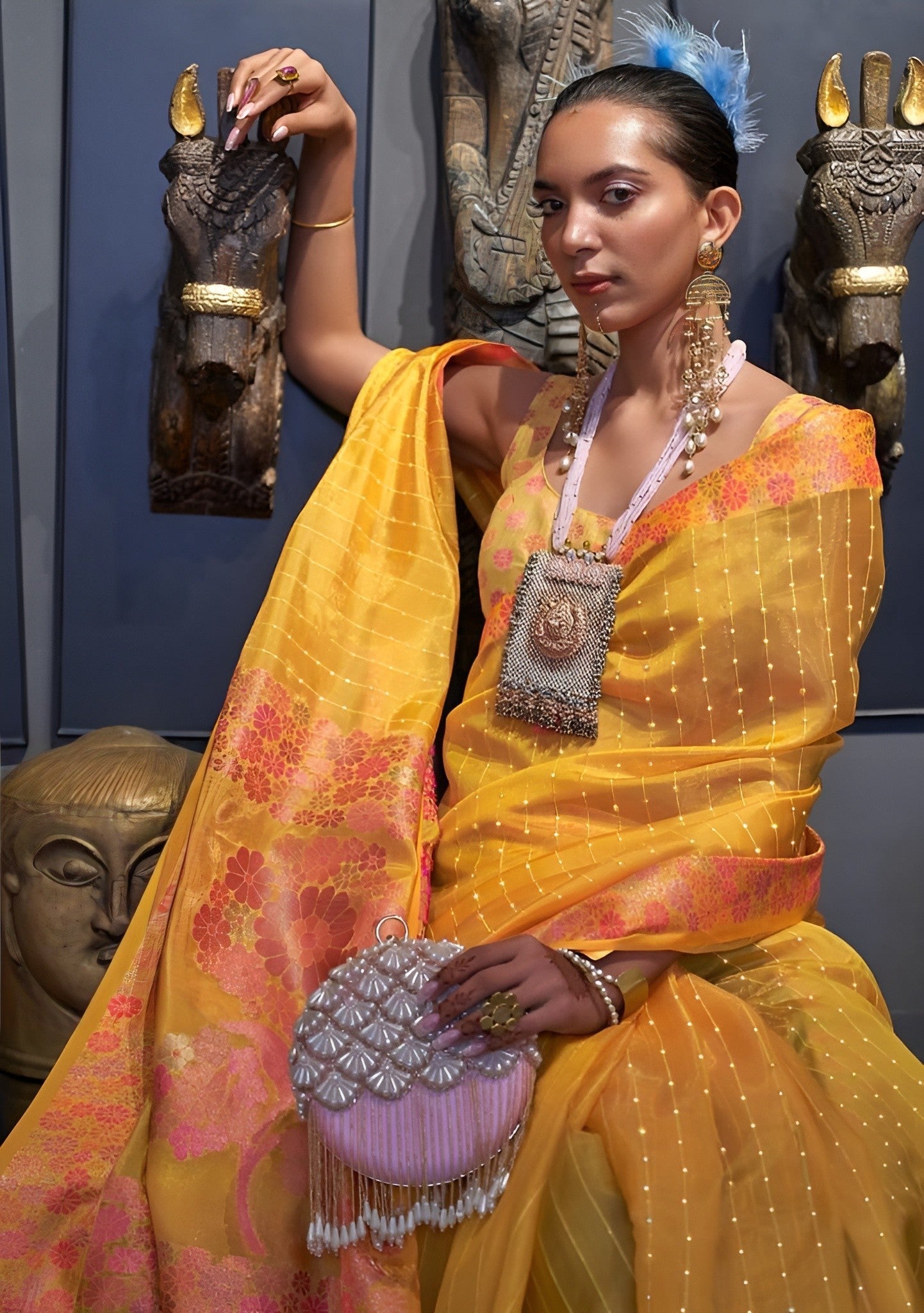 EKKTARA Saree For Women Two Tone Organza Yellow Colour Handloom Weaving Silk Saree With Unstitched Blouse