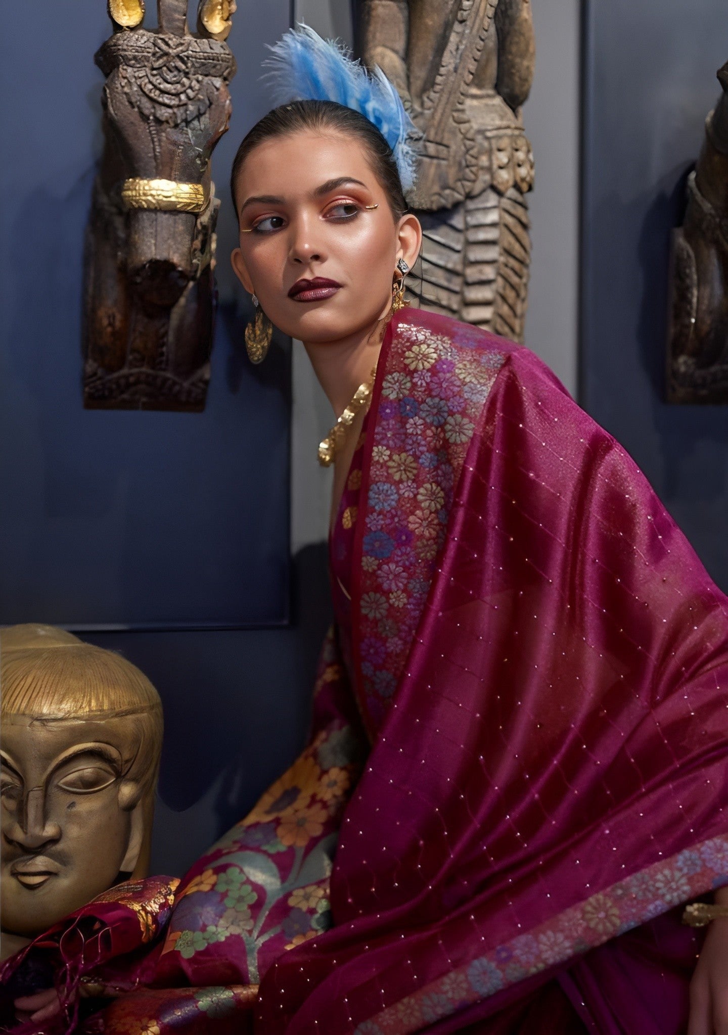 EKKTARA Saree For Women Two Tone Organza Marhoon Colour Handloom Weaving Silk Saree With Unstitched Blouse