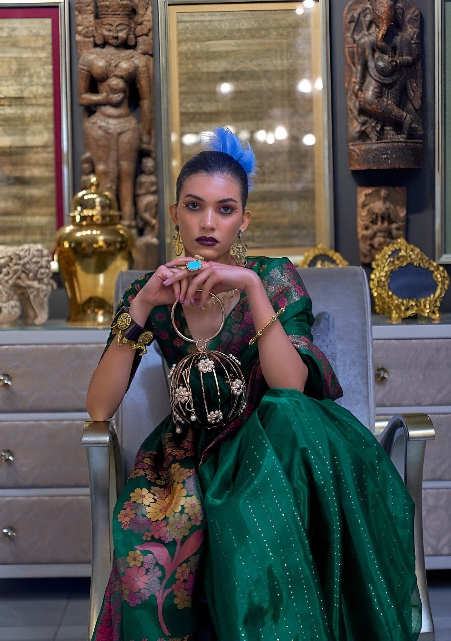 EKKTARA Saree For Women Two Tone Organza Marine Emerald Green Colour Handloom Weaving Silk Saree With Unstitched Blouse