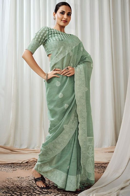 EKKTARA Saree For Women Fern Green Lucknowi Pallu Weaving Linen Saree