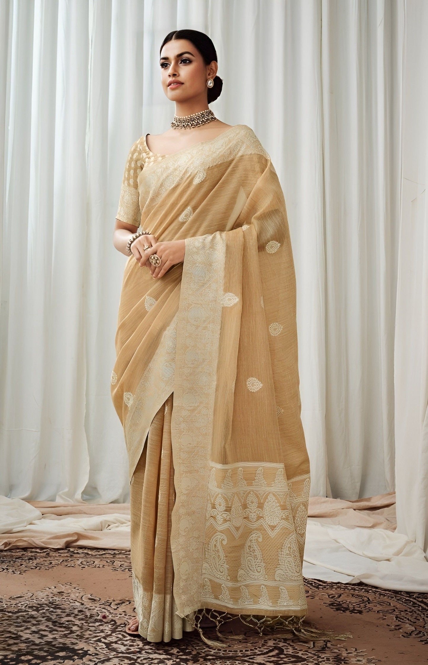 EKKTARA Saree For Women Light Brown Lucknowi Pallu Weaving Linen Saree