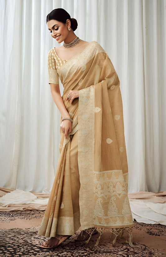 EKKTARA Saree For Women Light Brown Lucknowi Pallu Weaving Linen Saree
