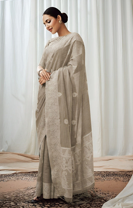EKKTARA Saree For Women Thunder Grey Lucknowi Pallu Weaving Linen Saree
