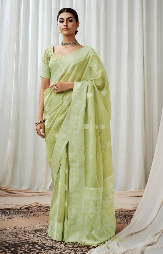 EKKTARA Saree For Women Light Lemon Colour Lucknowi Pallu Weaving Linen Saree