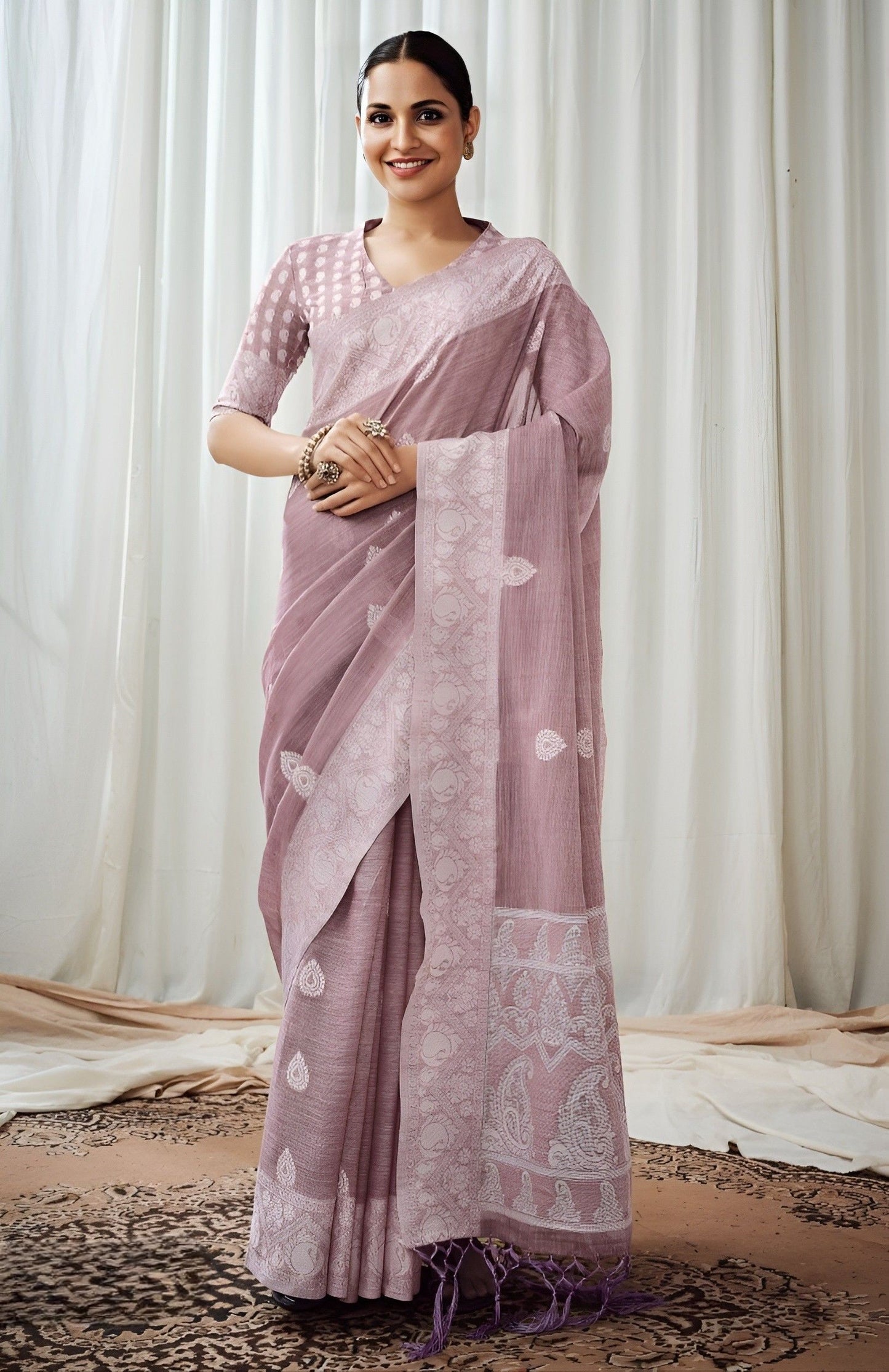 EKKTARA Saree For Women Light Lavender Colour Lucknowi Pallu Weaving Linen Saree