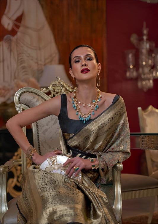 EKKTARA Saree For Women Golden Colour Kashmiri Chaap Handloom Weaving Silk Saree With Unstitched Blouse