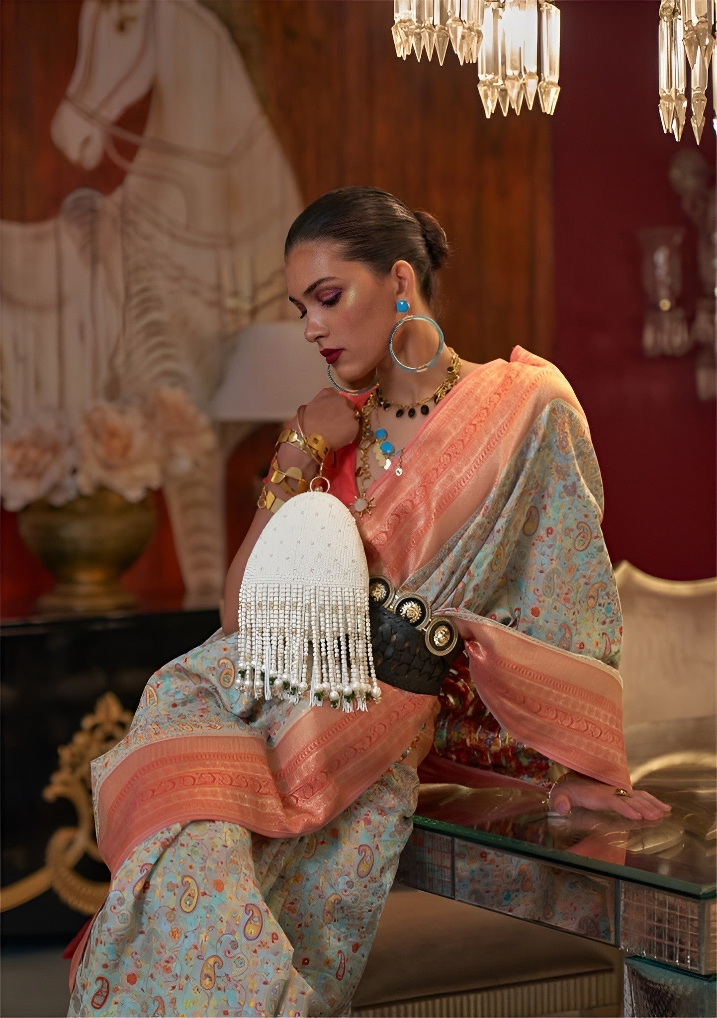 EKKTARA Saree For Women Light Green Colour Kashmiri Chaap Handloom Weaving Silk Saree With Unstitched Blouse