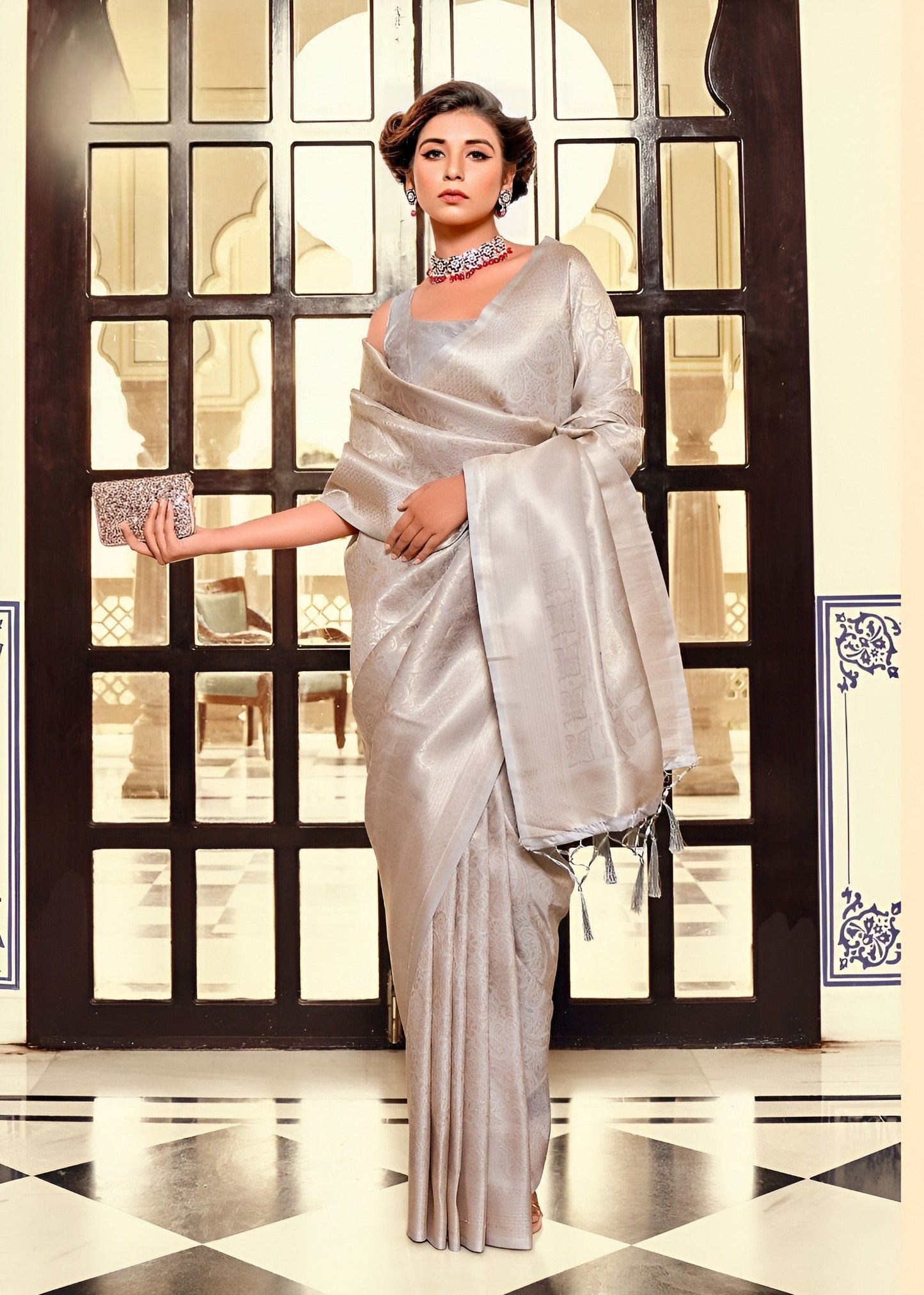 EKKTARA Saree For Women Silver Colour Kanjivaram Soft Silk Saree With Unstitched Blouse