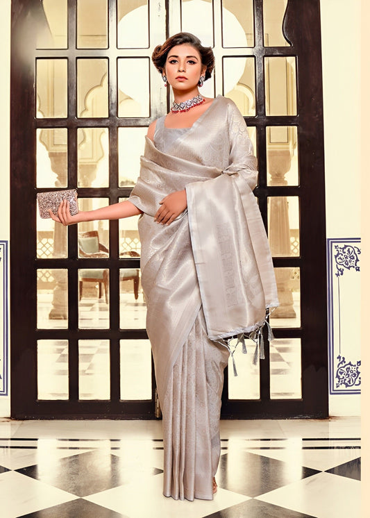 EKKTARA Saree For Women Silver Colour Kanjivaram Soft Silk Saree With Unstitched Blouse