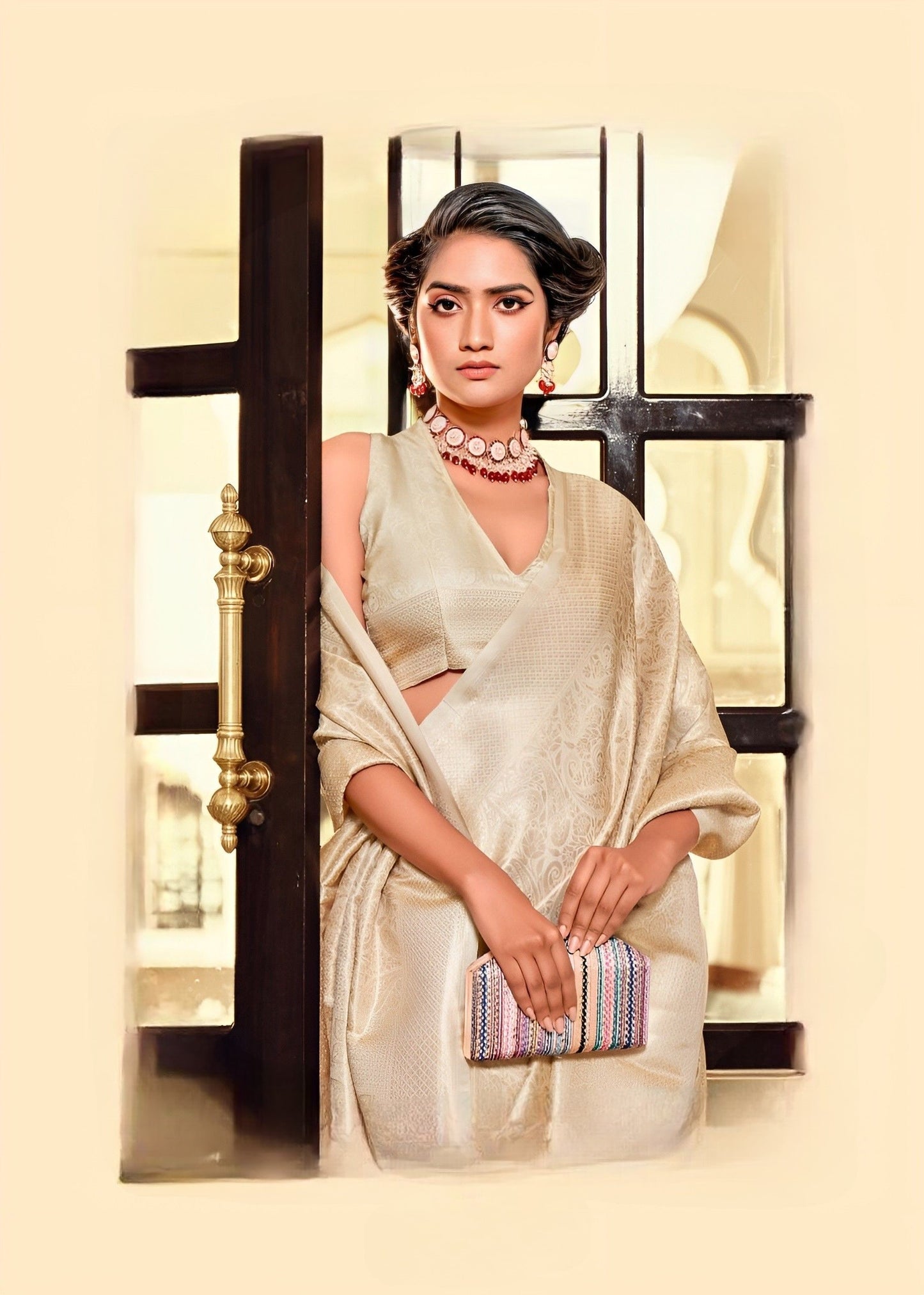 EKKTARA Saree For Women Light Golden Colour Kanjivaram Soft Silk Saree With Unstitched Blouse