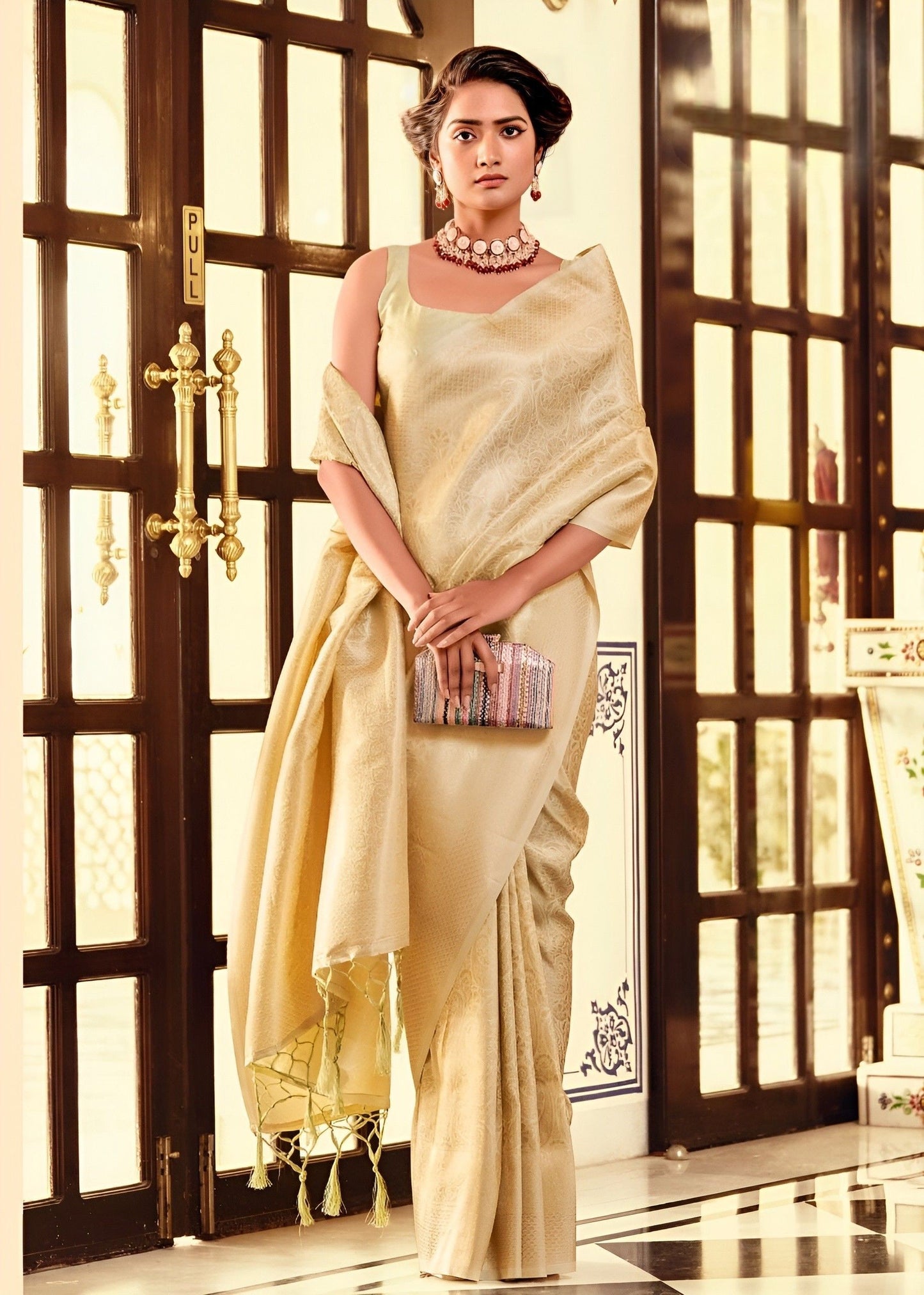 EKKTARA Saree For Women Golden Colour Kanjivaram Soft Silk Saree With Unstitched Blouse