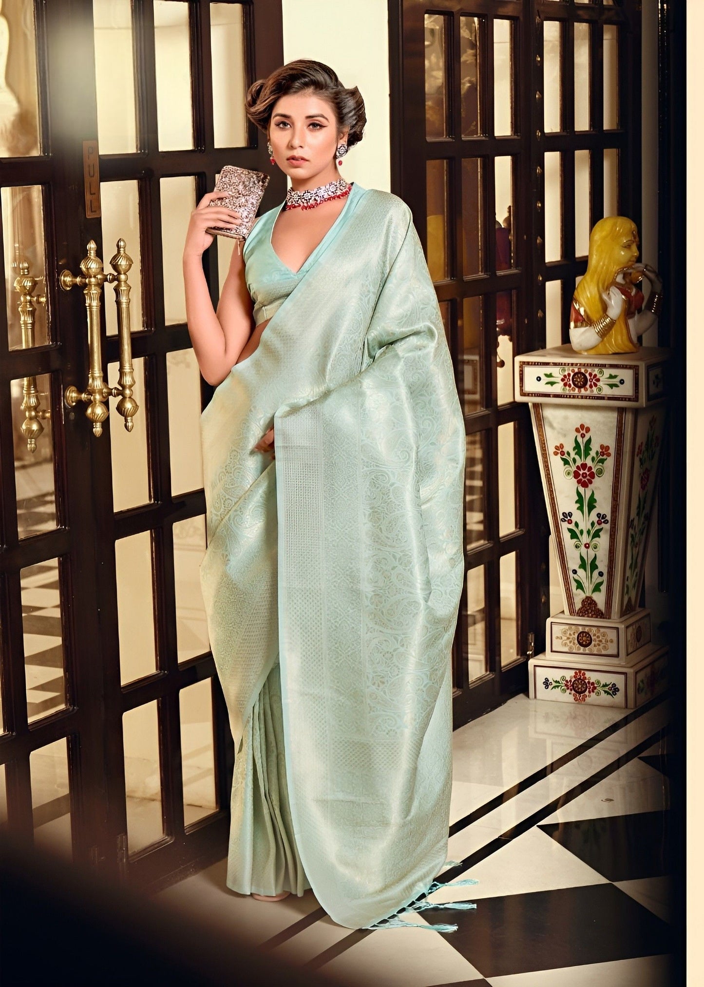 EKKTARA Saree For Women Pista Green Colour Kanjivaram Soft Silk Saree With Unstitched Blouse