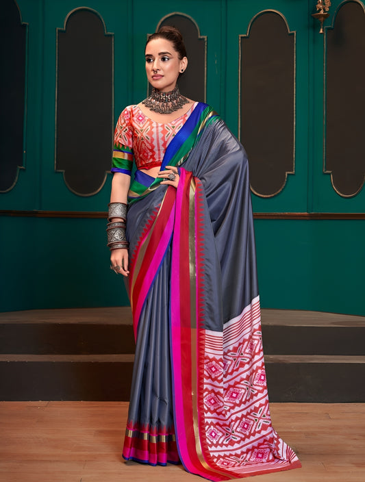 EKKTARA Saree For Women Dark Grey Colour Handloom Silk Saree With Unstitched Blouse