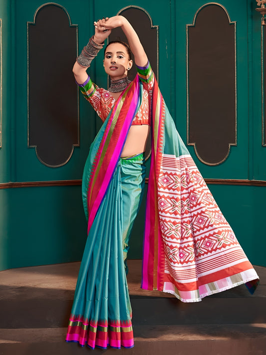 EKKTARA Saree For Women Turquoise Colour Handloom Silk Saree With Unstitched Blouse