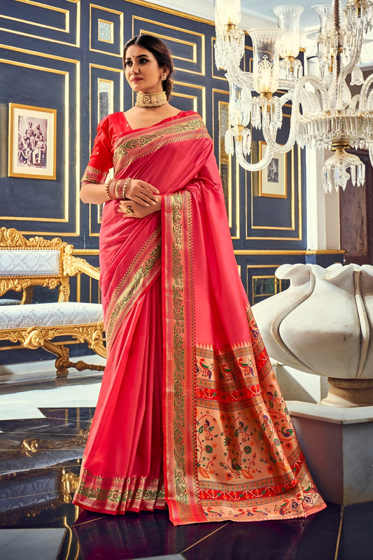 EKKTARA Saree For Women Pink Colour Silk Paithani Concept Saree With Unstitched Blouse