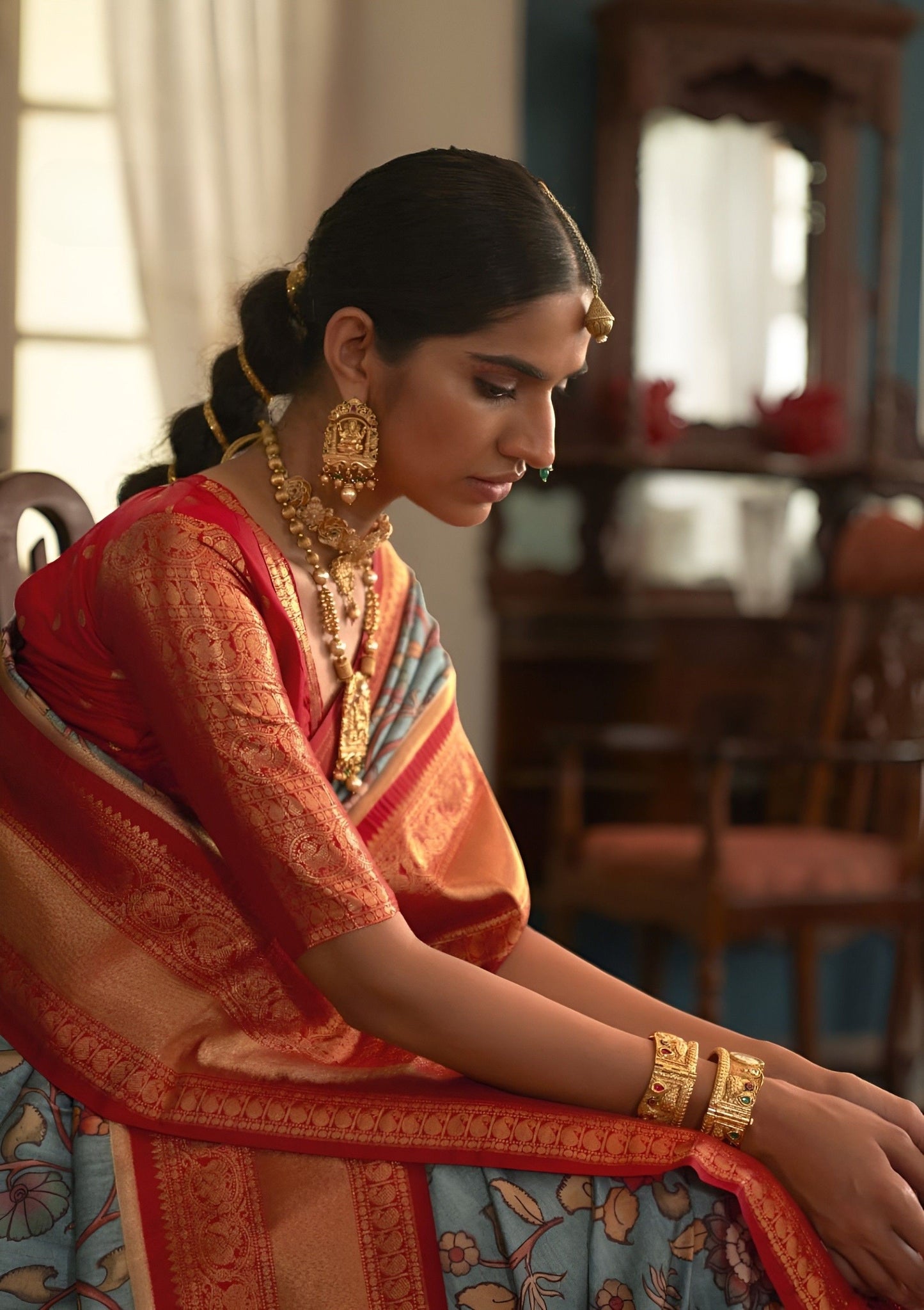 EKKTARA Saree For Women Sky Blue Colour Tusser Silk Kalamkari Print Saree With Contrast Unstitched Blouse