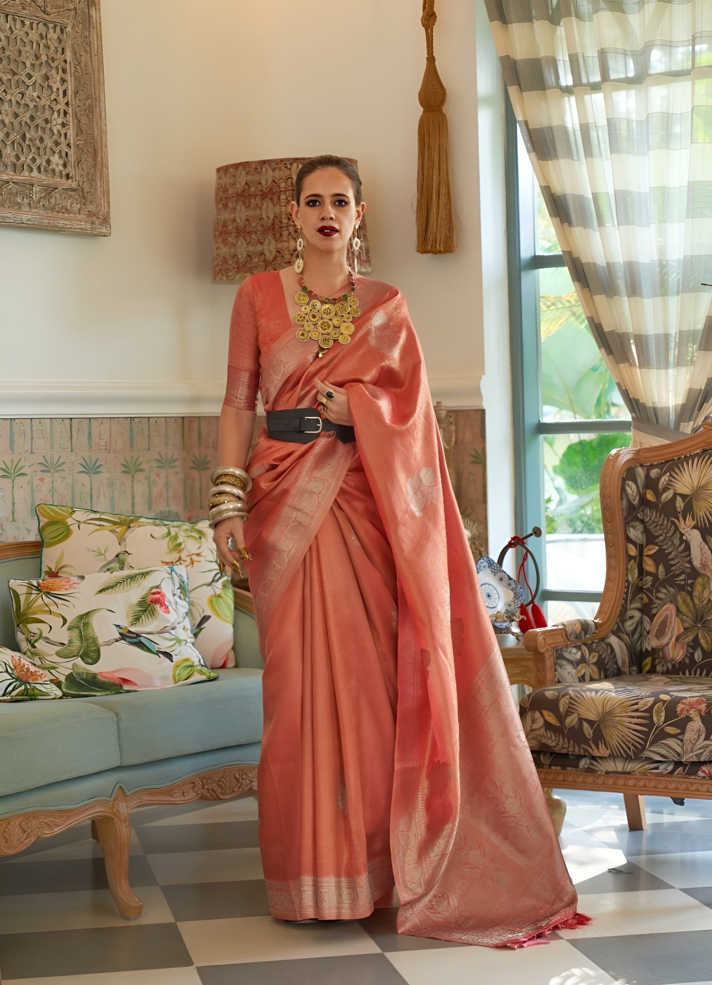 EKKTARA Celebrity Fame Saree For Women Light Orange Colour Satin Tissue Handloom Weaving Silk Saree With Unstitched Blouse