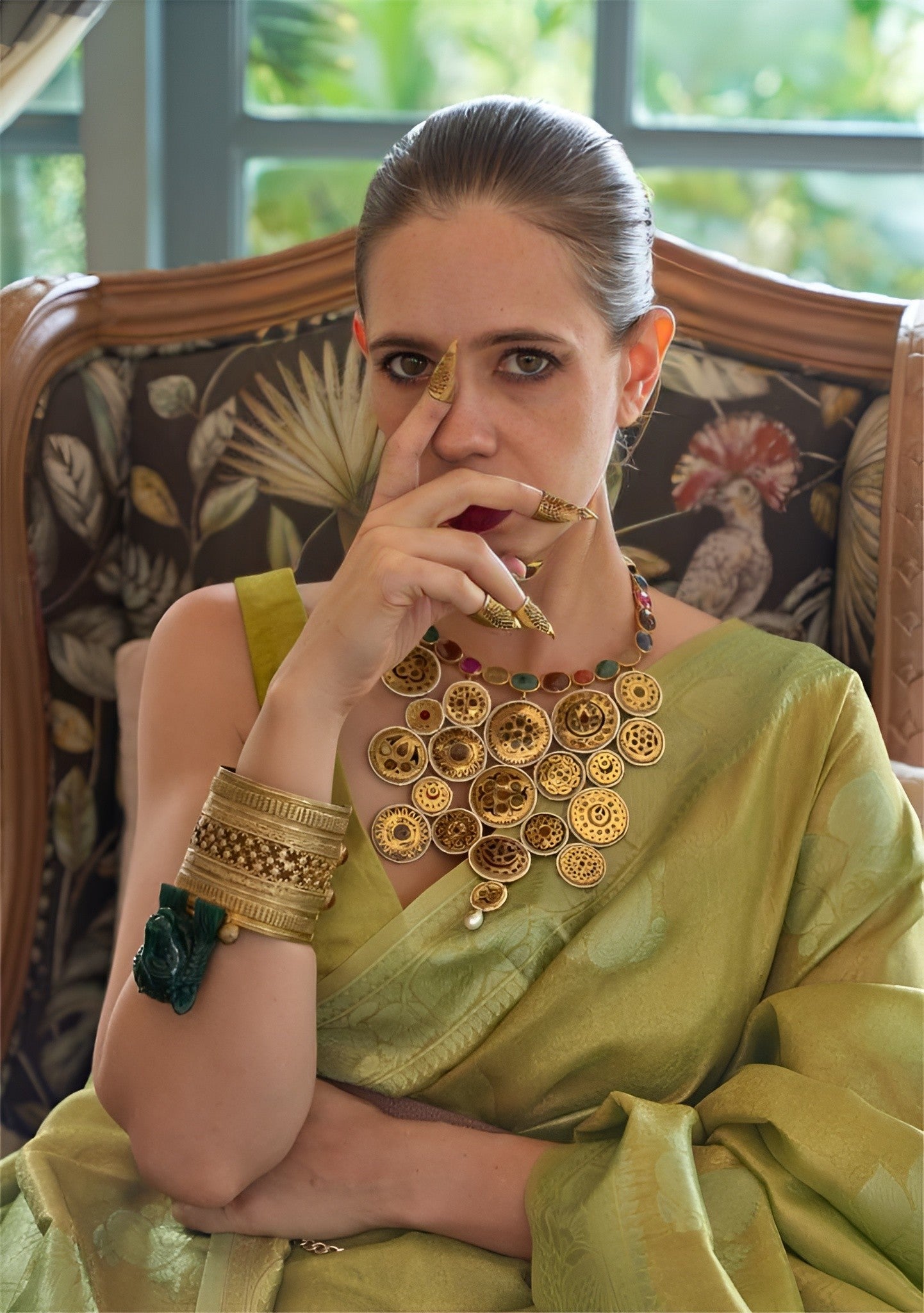 EKKTARA Celebrity Fame Saree For Women Olive Green Colour Satin Tissue Handloom Weaving Silk Saree With Unstitched Blouse