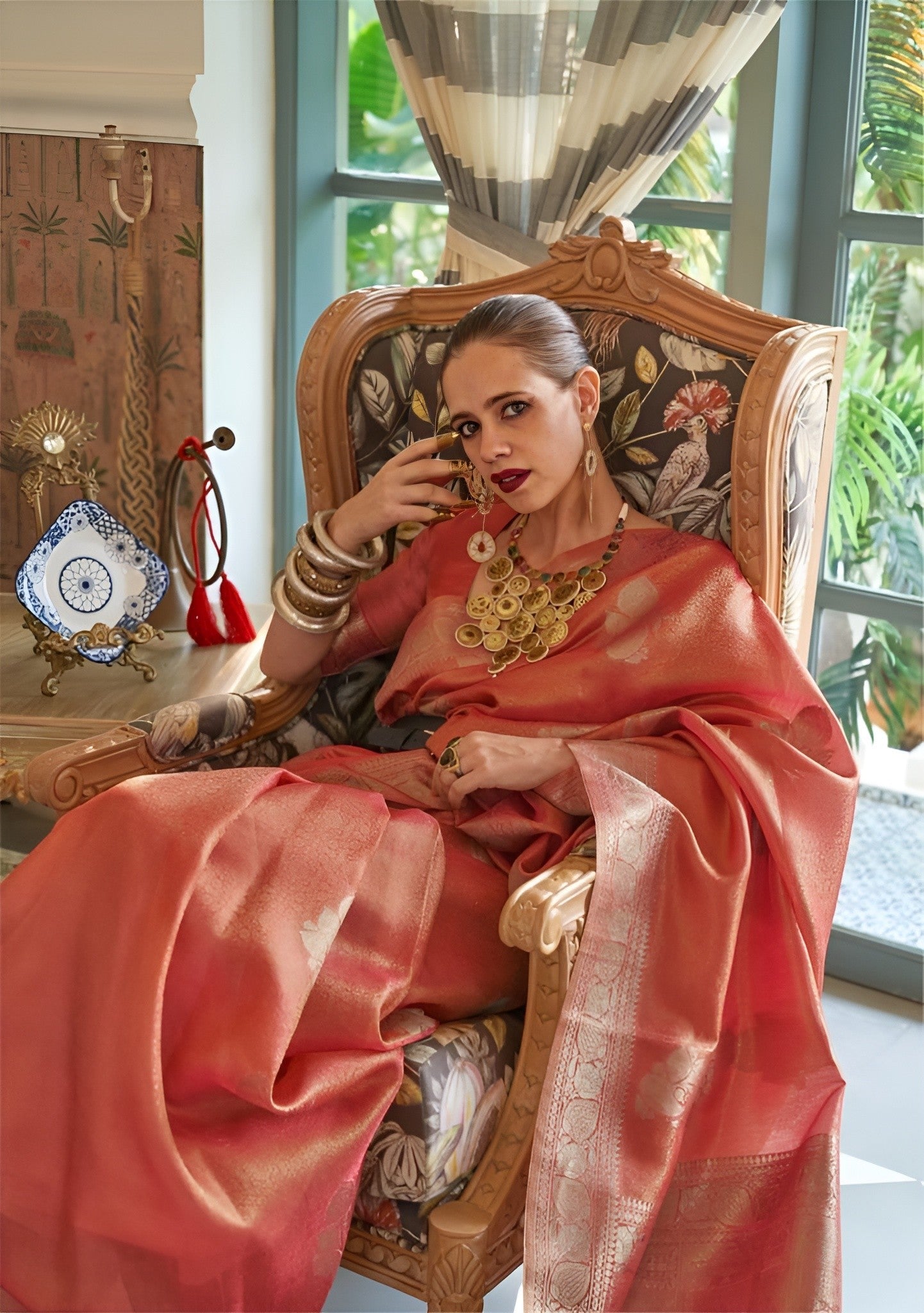 EKKTARA Celebrity Fame Saree For Women Light Orange Colour Satin Tissue Handloom Weaving Silk Saree With Unstitched Blouse