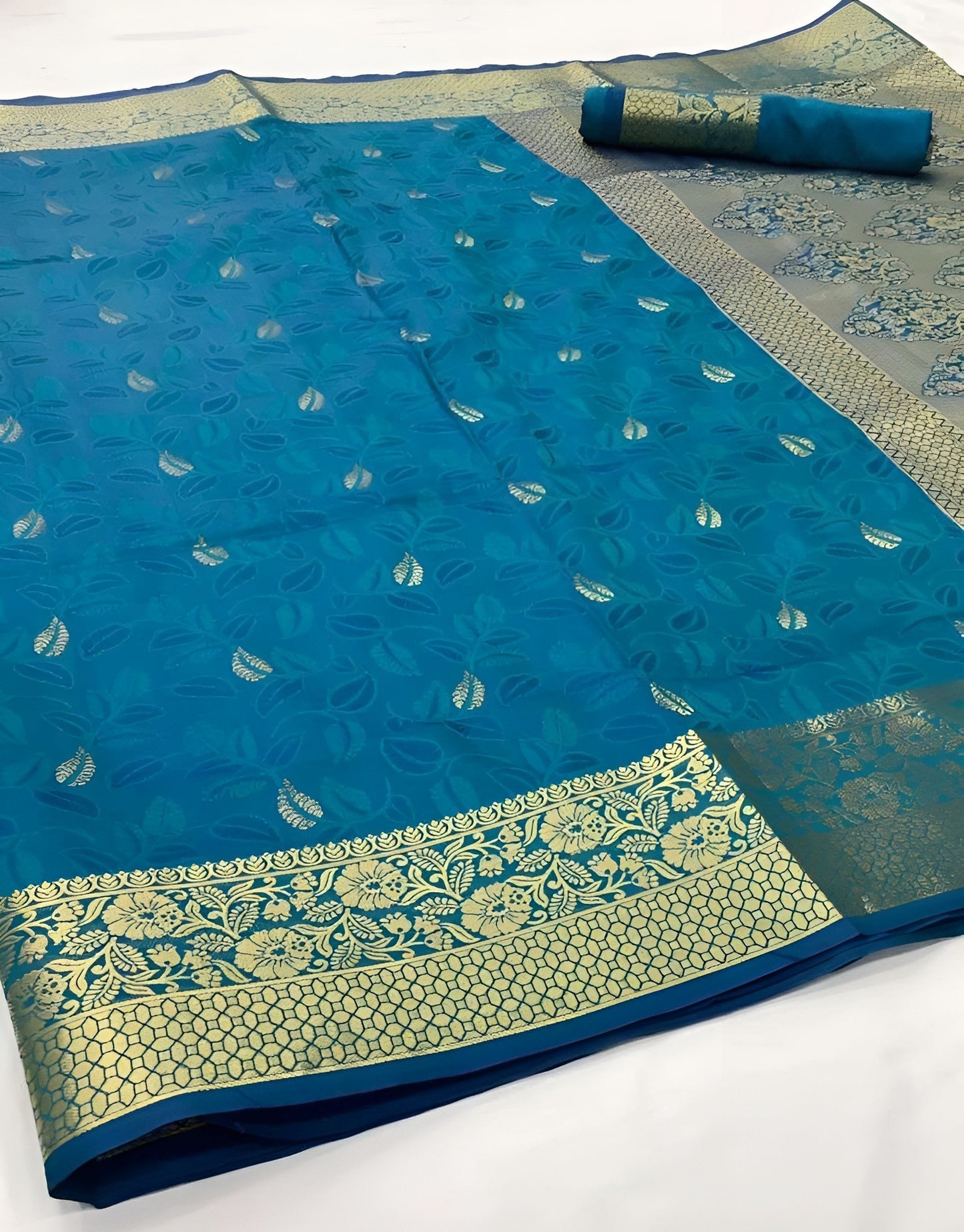 EKKTARA Saree For Women Turquoise Colour Pure Kajivaram Silk Saree With Unstitched Blouse