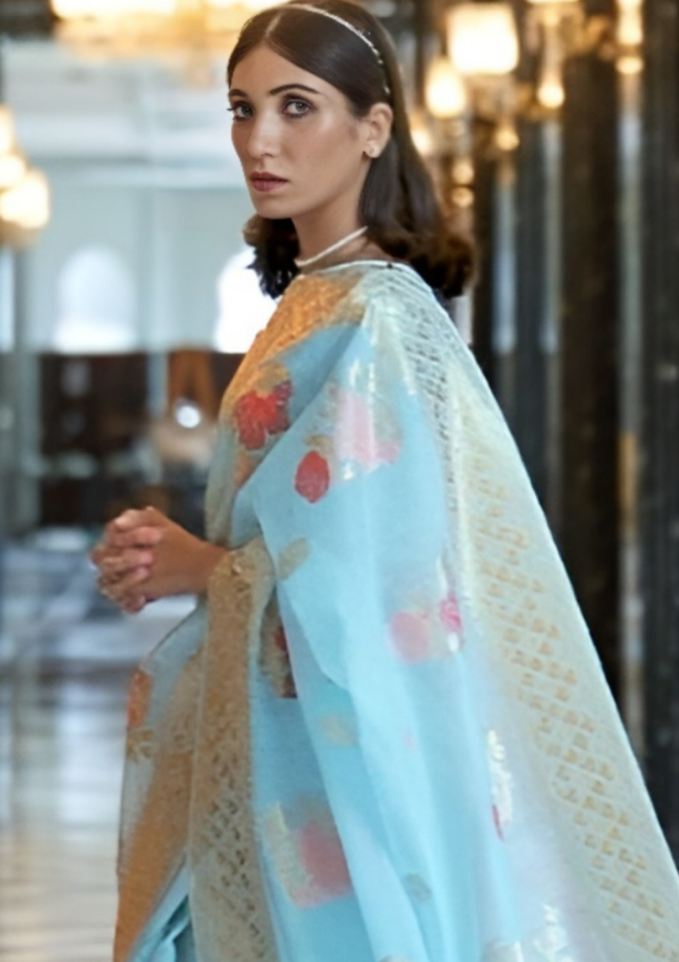 EKKTARA Saree For Women Sky Blue Linen Handloom Weaving Saree With Unstitched Blouse