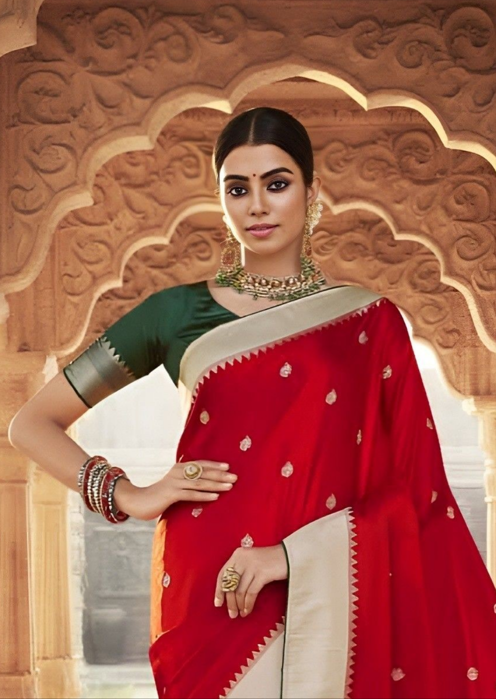 EKKTARA Saree For Women Candy Red Designer Satin Paithani Saree With Contrast Blouse