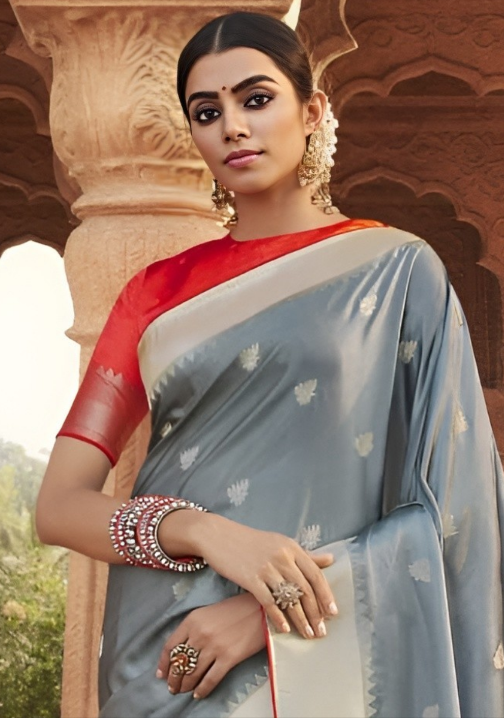 EKKTARA Saree For Women Ash Grey Designer Satin Paithani Saree With Contrast Blouse