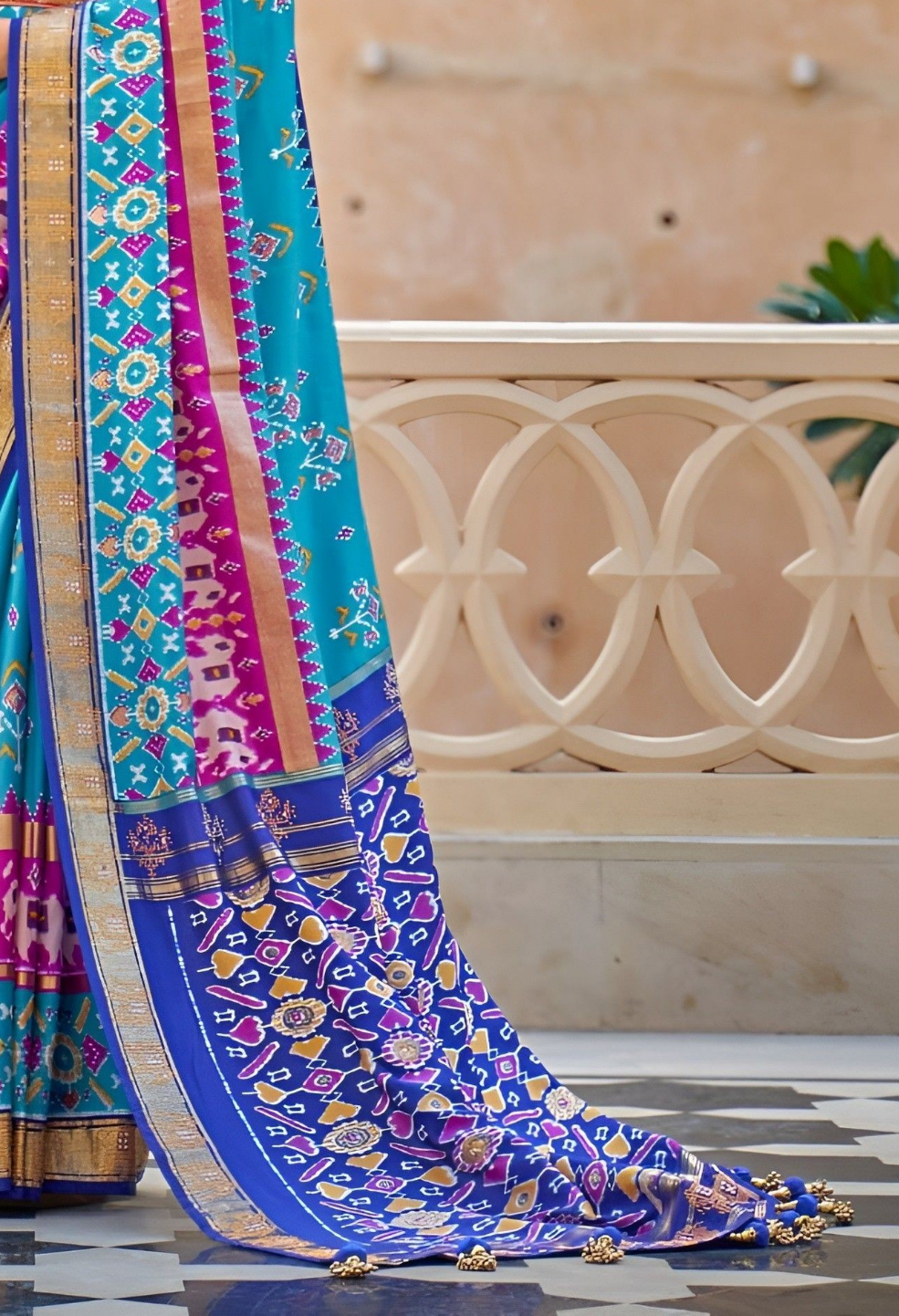 EKKTARA Saree For Women Azure Blue Colour Pure Silk Trendy Patola Saree With Unstitched Blouse