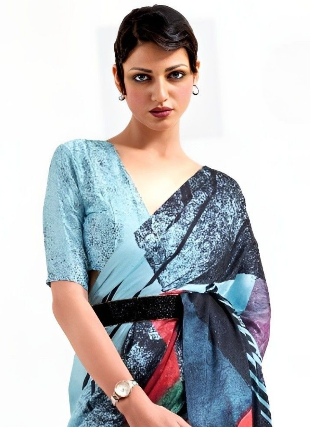 EKKTARA Saree For Women Sky Blue Printed Digital Crepe Georgette Saree