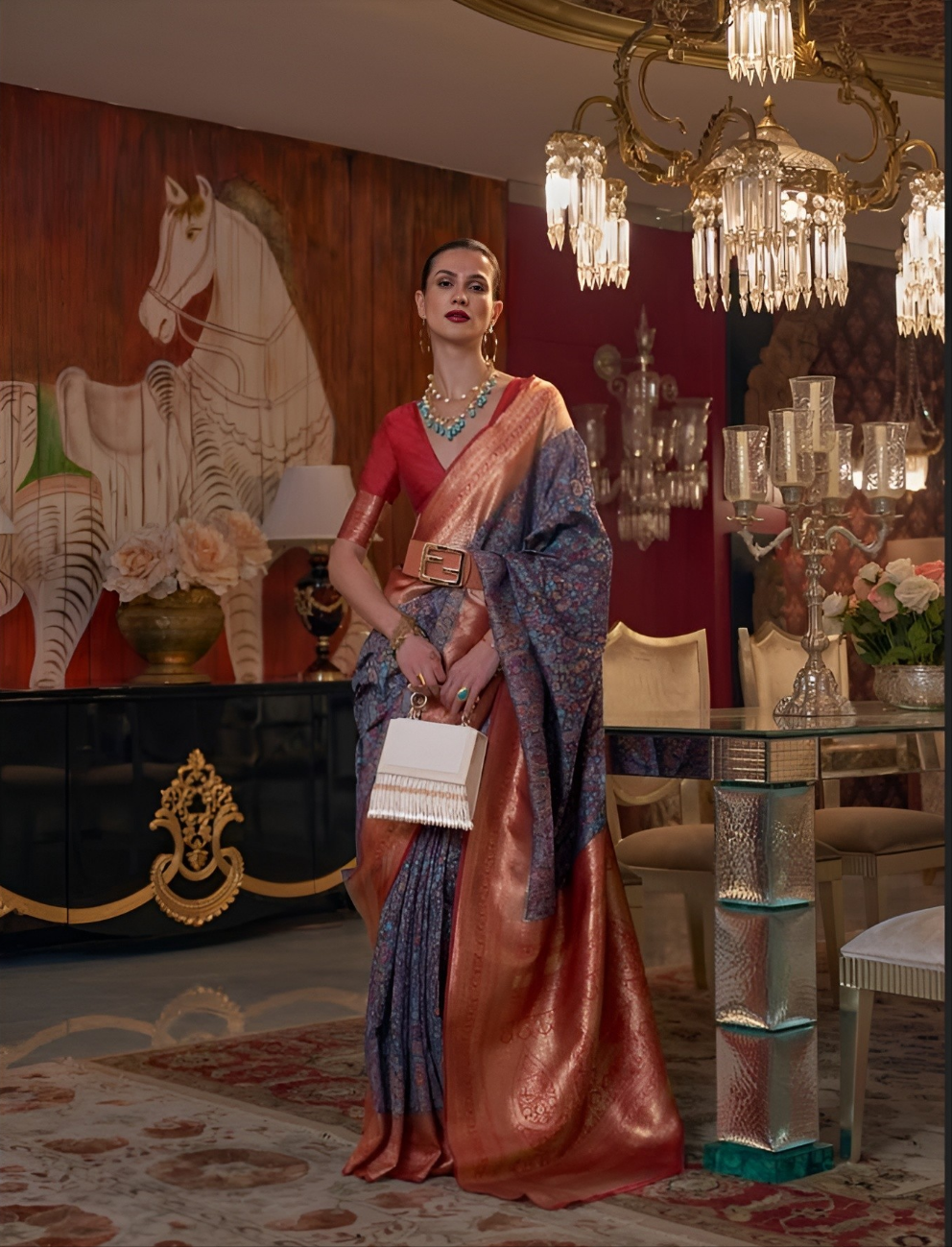 EKKTARA Saree For Women Multi Blue Colour Kashmiri Chaap Handloom Weaving Silk Saree With Unstitched Blouse