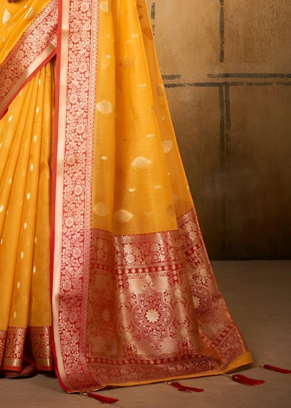 EKKTARA Saree For Women Golden Yellow Banarasi Tissue Saree