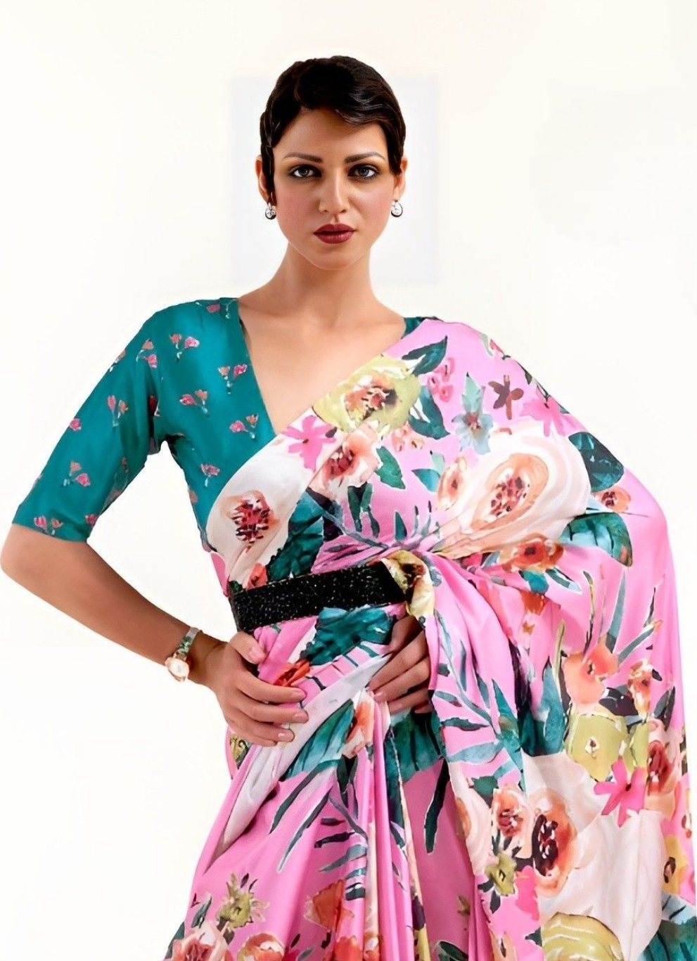 EKKTARA Saree For Women Pink Printed Digital Crepe Georgette Saree