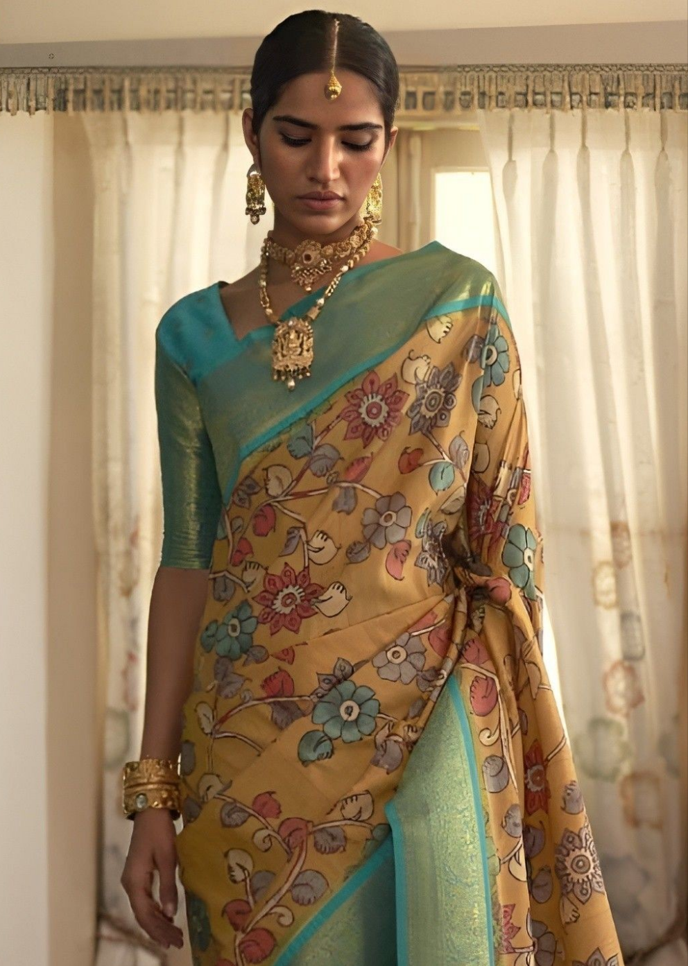 EKKTARA Saree For Women Yellow Colour Tusser Silk Kalamkari Print Saree With Contrast Unstitched Blouse