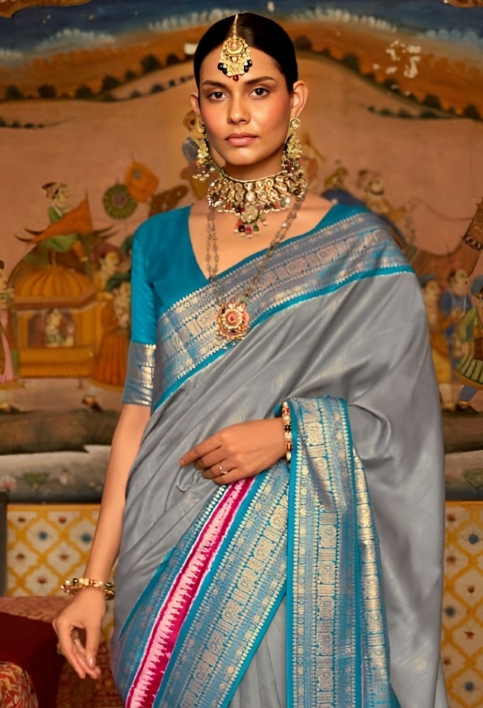 EKKTARA Saree For Women Grey Colour Pure Silk Designer Patola Saree With Unstitched Blouse