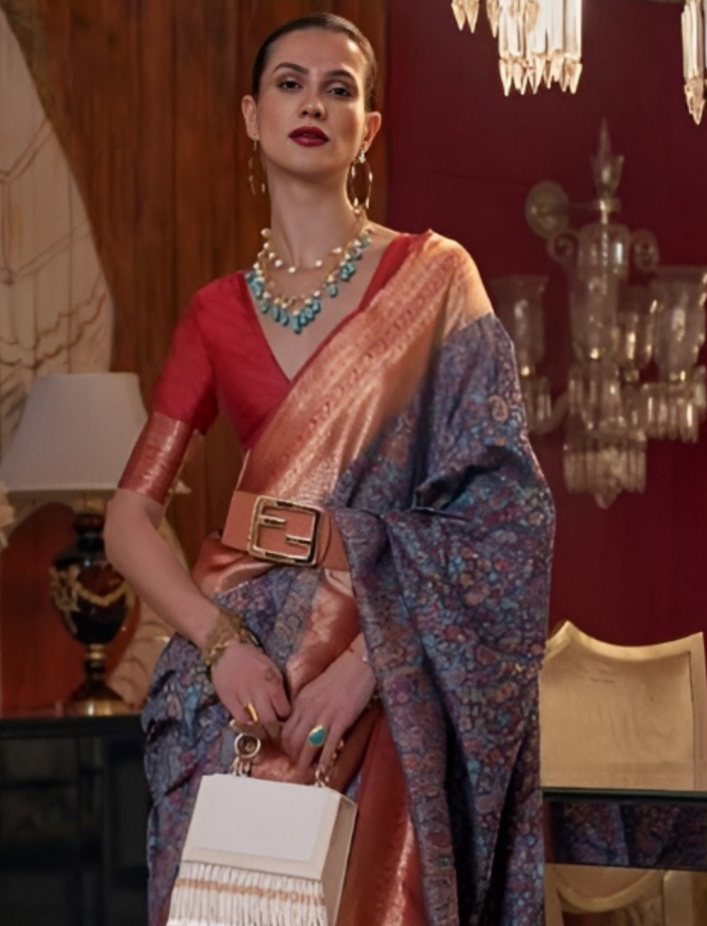 EKKTARA Saree For Women Multi Blue Colour Kashmiri Chaap Handloom Weaving Silk Saree With Unstitched Blouse