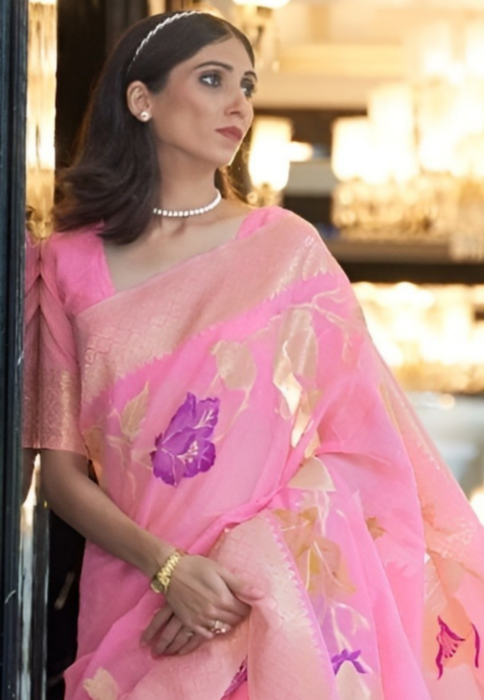 EKKTARA Saree For Women Light Pink Linen Handloom Weaving Saree