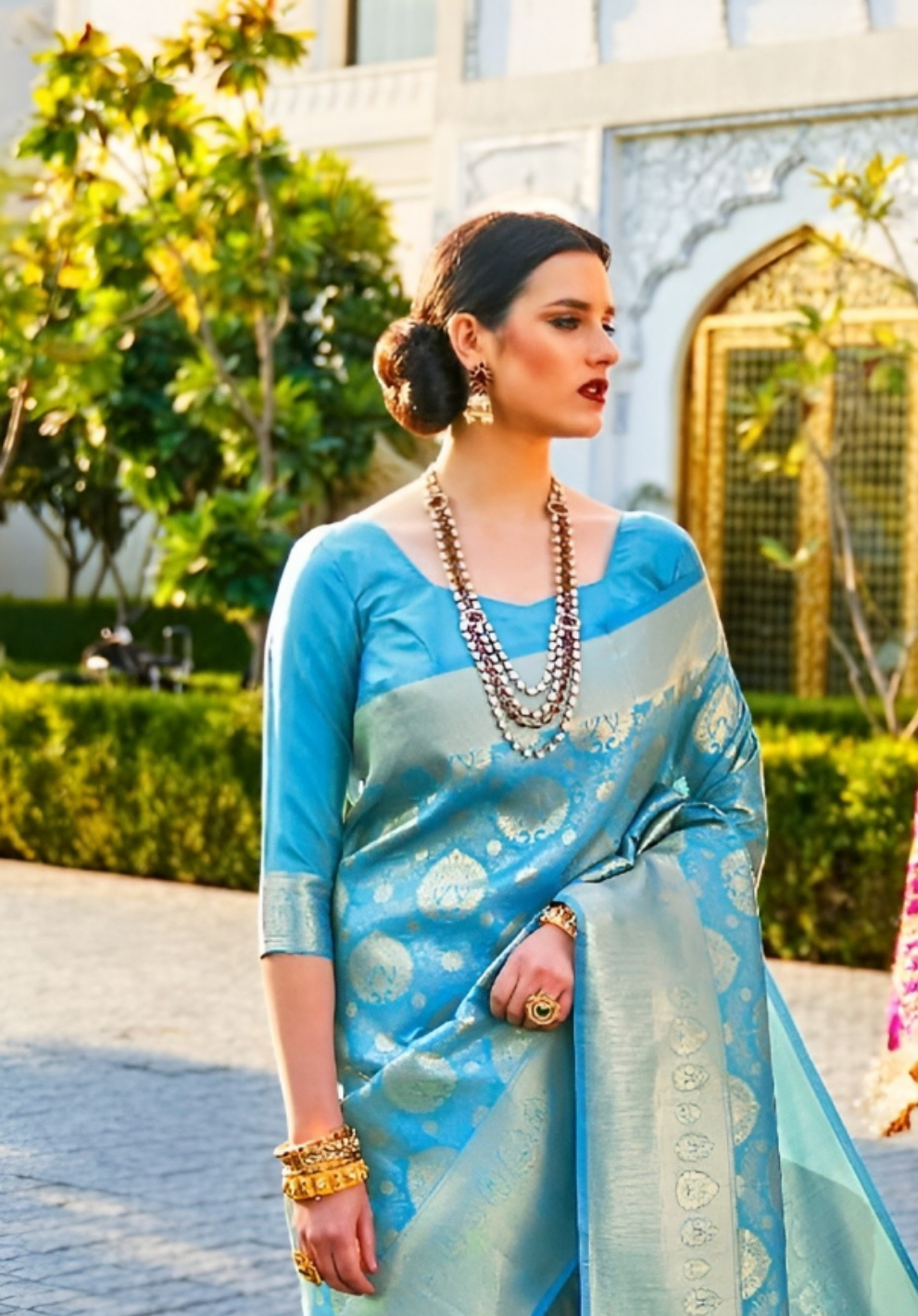 EKKTARA Saree For Women Marine Blue Colour Handloom Weaving Kanjivaram Saree With Unstitched Blouse