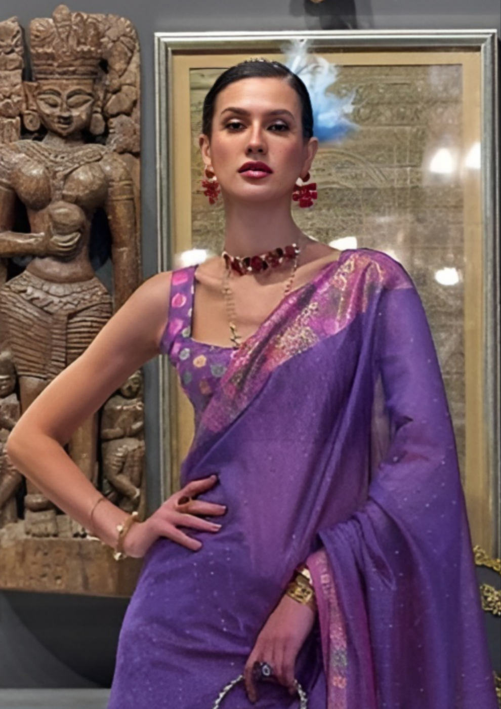 EKKTARA Saree For Women Two Tone Organza Purple Colour Handloom Weaving Silk Saree With Unstitched Blouse