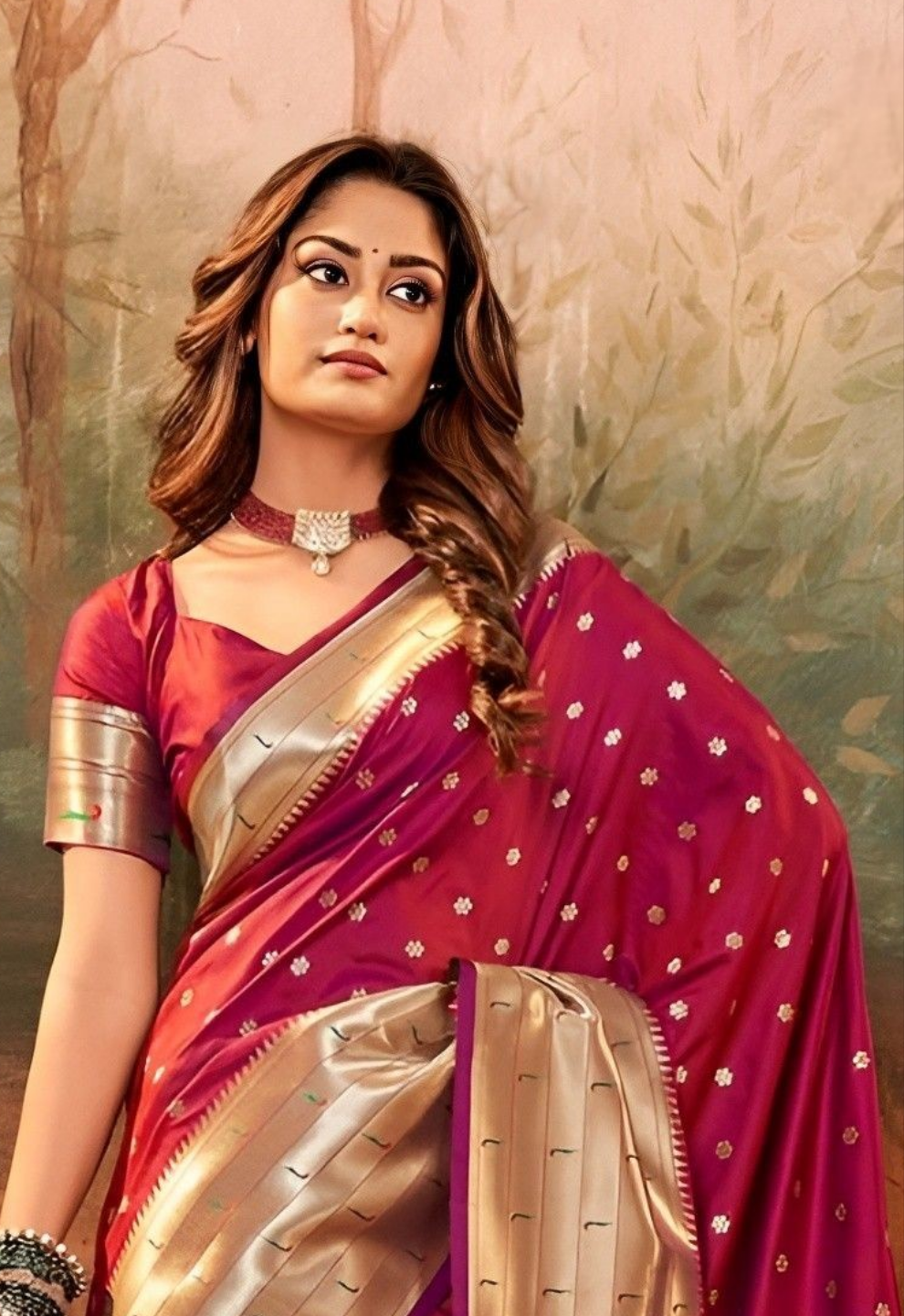 EKKTARA Saree For Women Rose Red Colour Silk Zari Border Paithani Saree With Unstitched Blouse